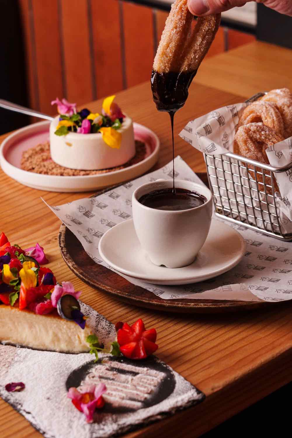 Churros with chocolate, coffee and dessert at Piggs